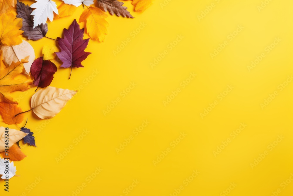 Poster autumn leaves on a yellow background with copy - space in the middle for a message or an advertise.