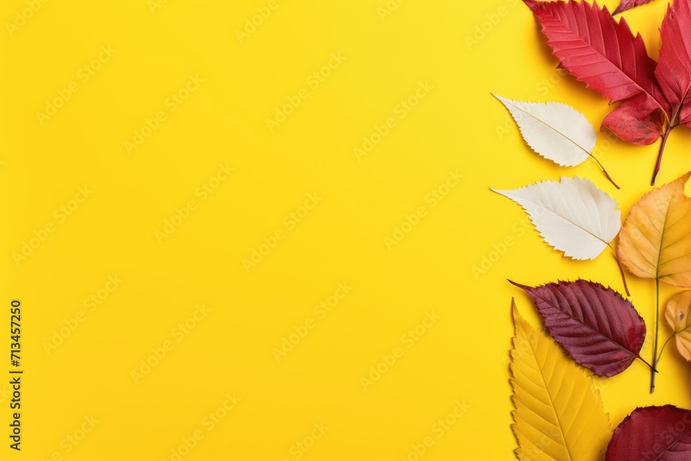 Poster autumn leaves on a yellow background with copy - space in the middle for a text or an image to put o