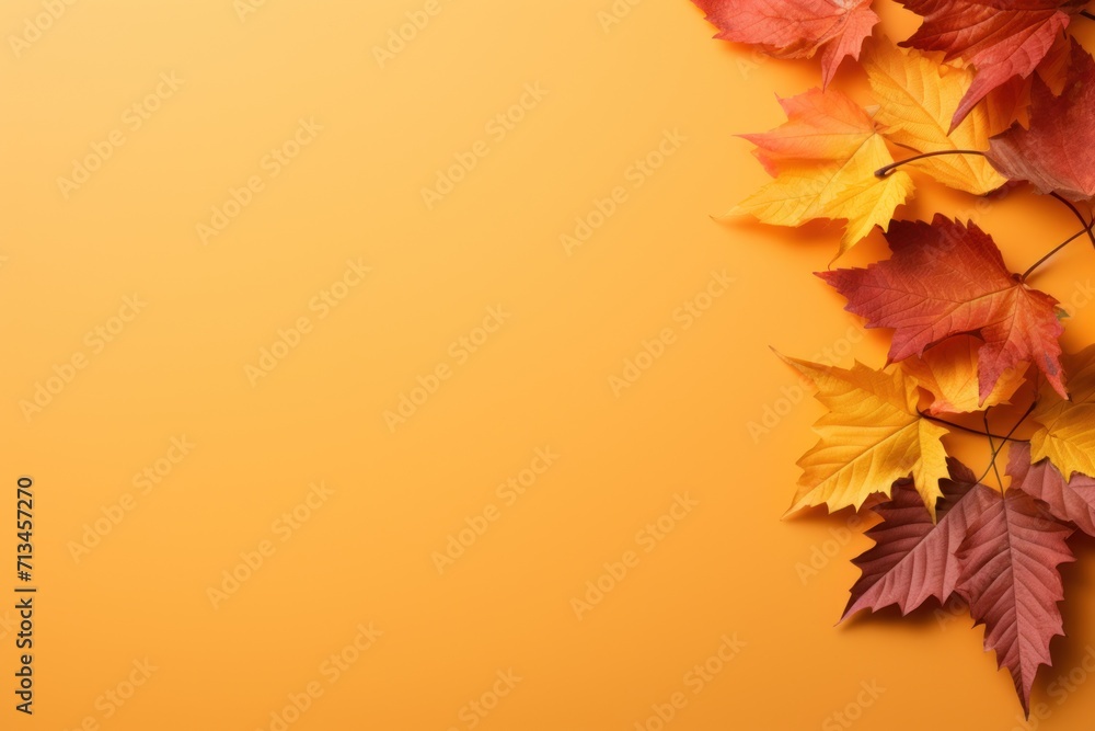Poster a bunch of leaves that are laying on a yellow surface with a place for a text on the left side of th