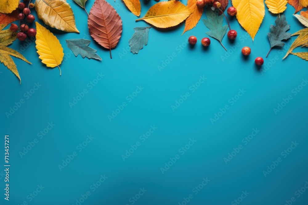 Poster autumn leaves and berries on a blue background with copy - space for a text or an image or a clippin