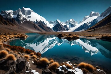 A picturesque scene of the Chilean Andes, where Laguna Del Inca  surrounded by snow-laden peaks, offering a serene and tranquil atmosphere
