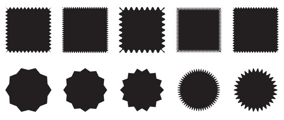 Zig zag edge rectangle and circle shapes collection. Jagged rectangular elements set.Black graphic design elements for decoration,banner, poster,template,sticker,badge.Vector illustration - obrazy, fototapety, plakaty