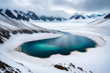 A breathtaking aerial view of Laguna Del Inca in the Chilean Andes during a gentle snowfall, with the surrounding mountains adorned in a white blanket