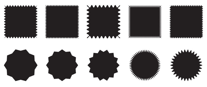 Zig zag edge rectangle and circle shapes collection. Jagged rectangular elements set.Black graphic design elements for decoration,banner, poster,template,sticker,badge.Vector illustration