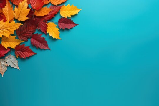  a blue background with a bunch of autumn leaves laying on top of each other on top of a blue surface.