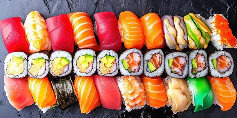 Incredibly delicious set of sushi and rolls, a variety of fish, raw fish, avocado, wasabi, soy sauce, sesame seeds, chopsticks, Japanese food.