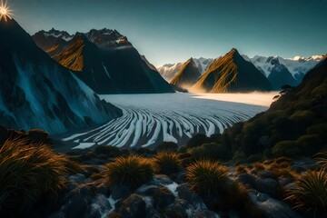 An ethereal image of the Westland District as the first light of day reveals the mystical beauty of Fox Glacier and the surrounding mountains.