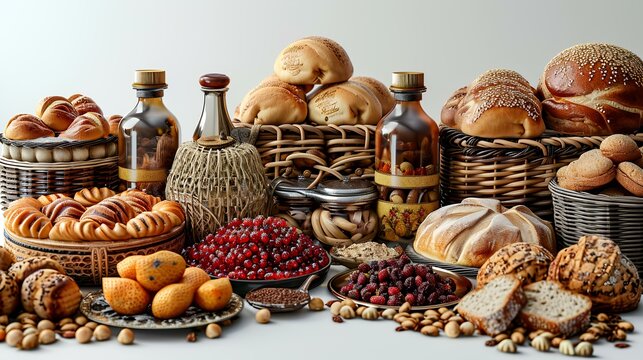 Composition with assorted bread products on a light background. Baking concept.