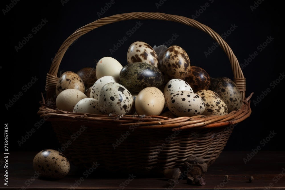 Poster a wicker basket full of quails on a wooden table in front of a black background with a few speckled 