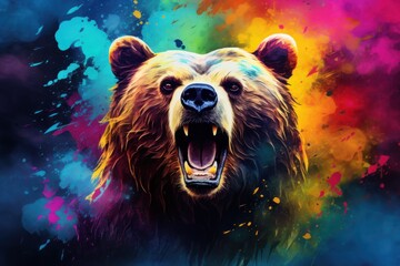  a painting of a bear with its mouth open and it's mouth wide open with its mouth wide open. - obrazy, fototapety, plakaty