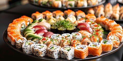 Incredibly delicious set of sushi and rolls, a variety of fish, raw fish, avocado, wasabi, soy sauce, sesame seeds, chopsticks, Japanese food.