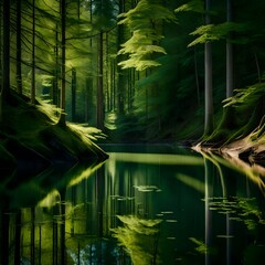 A hidden gem in the heart of the forest, a still lake reflecting the lush greenery in a vertical composition
