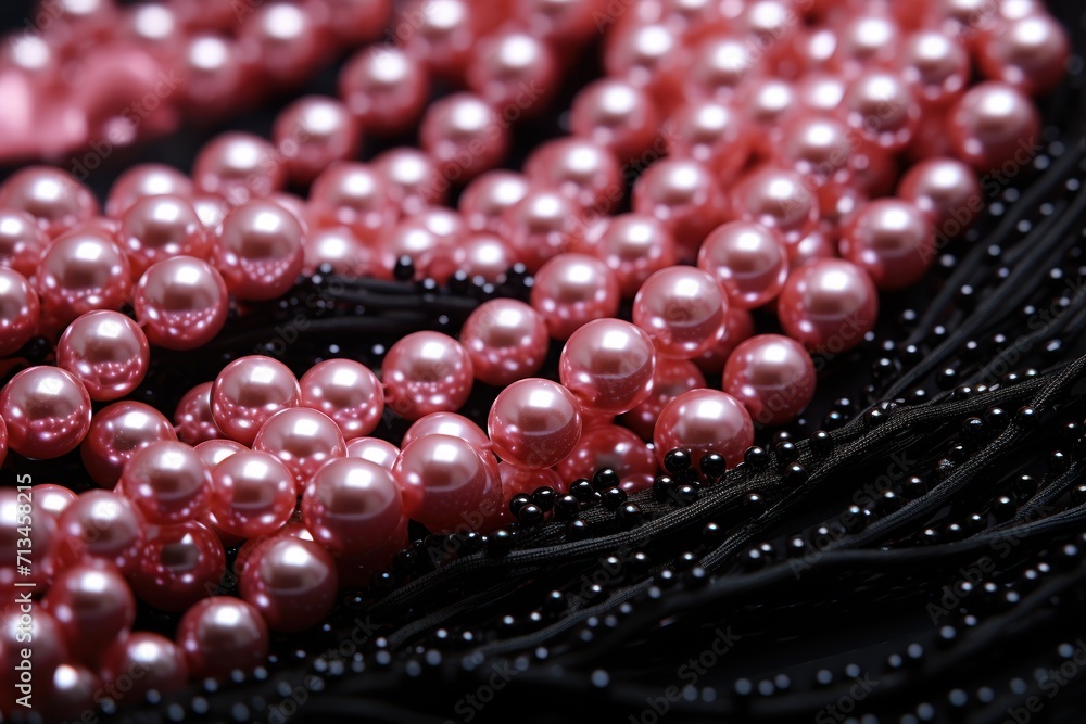 Poster  a close up of a string of pearls on a black surface with a red bead in the middle of the strand.