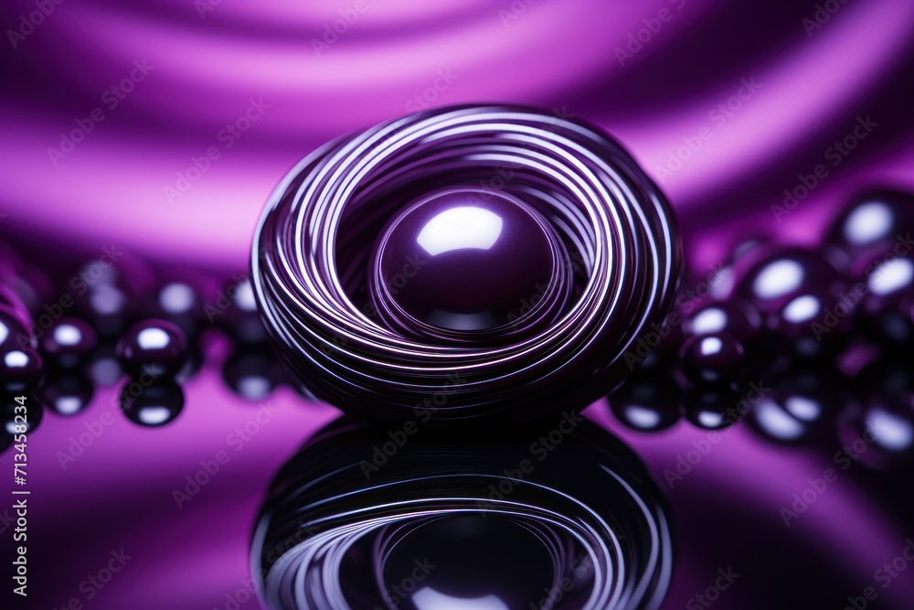 Poster a close up of a black and purple object with a reflection on a black surface with a purple swirl in 