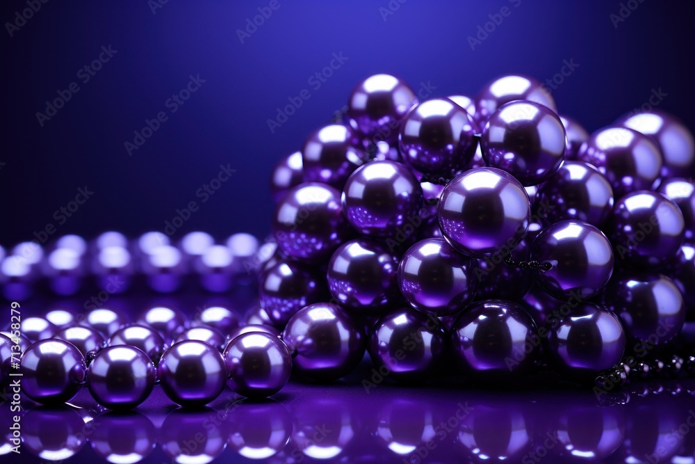 Poster a bunch of shiny balls sitting next to each other on a purple surface with a reflection of them on t