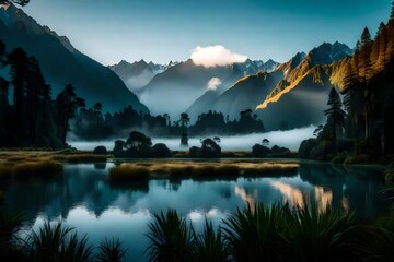 The ethereal beauty of Lake Matheson at the break of day, with Fox Glacier and the distant mountains emerging from the fog in a symphony of natural splendor.