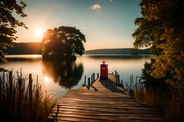 A picturesque summer evening by the lakeside, a solitary pier featuring a noticeable red mailbox, all set against the backdrop of lush trees, as the sun dips below the horizon.