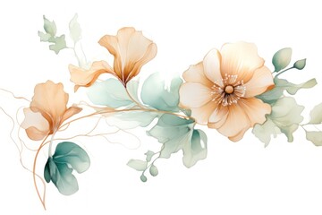  a watercolor painting of flowers and leaves on a white background with a place for the text on the left side of the image.