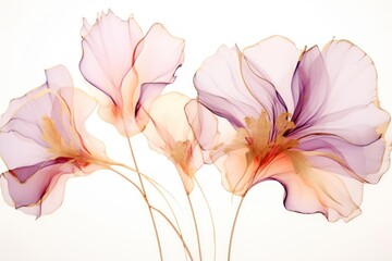  a close up of three pink flowers on a white background with a blurry image of the flowers in the background.