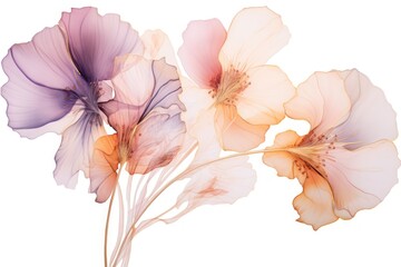  a close up of a bunch of flowers on a white background with a blurry image of pink and purple flowers.