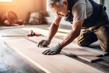 Man repairman repairing floor with laminate wood indoors - obrazy, fototapety, plakaty