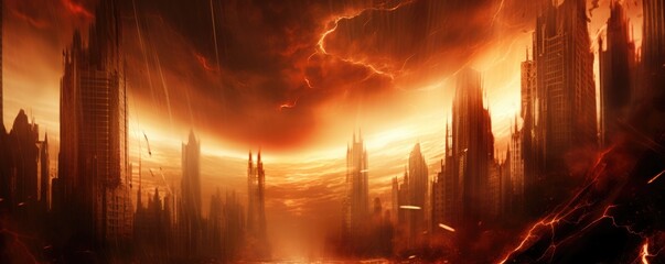 War and destroyed city with burning fire and smoke from earthquake, bomb explosion. Modern abandoned city devastated by explosion and chaos. Apocalypse concept. Doomsday, end of the world - obrazy, fototapety, plakaty
