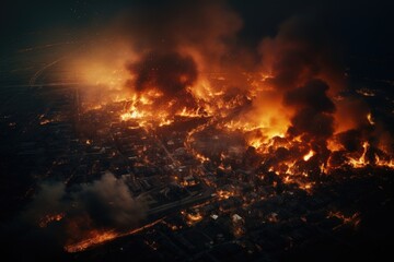 War and destroyed city with burning fire and smoke from earthquake, bomb explosion. Modern abandoned city devastated by explosion and chaos. Apocalypse concept. Doomsday, end of the world