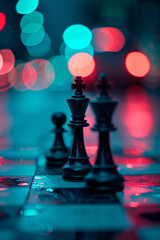 Chess pieces in focus, vibrant  lights in the background.