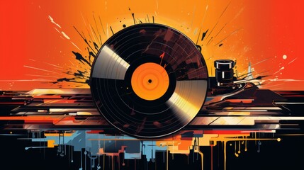 un disque vinyle au milieu d'une explosion abstraite de couleurs et de formes. Le disque semble presque en mouvement, avec des teintes vibrantes d'orange, de jaune, de rouge et de bleu qui jaillissent