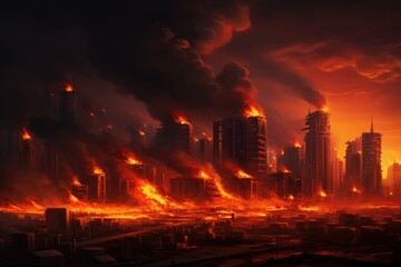 Fototapeta na wymiar War and destroyed city with burning fire and smoke from earthquake, bomb explosion. Modern abandoned city devastated by explosion and chaos. Apocalypse concept. Doomsday, end of the world