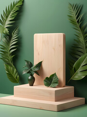 Wooden Podium Cosmetic Product Exhibition Stand on Green Background with Leaves and Shadows