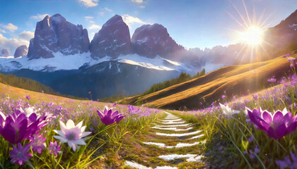 Krajobraz, skaliste góry i wiosenna łąka z białymi i różowymi kwiatami  - obrazy, fototapety, plakaty