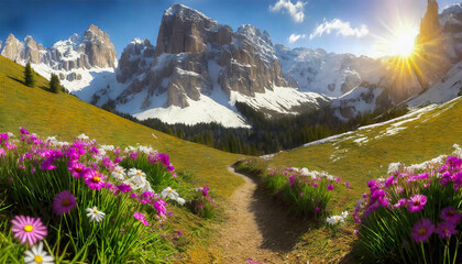 Krajobraz, skaliste góry i wiosenna łąka z białymi i różowymi kwiatami  - obrazy, fototapety, plakaty