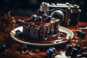  a cake sitting on top of a white plate covered in chocolate frosting and blueberries next to a camera.