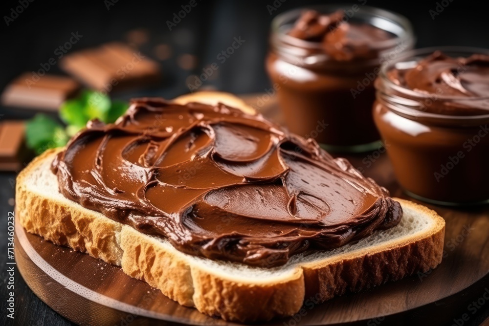 Poster a peanut butter spread on a piece of bread with a jar of peanut butter on a plate next to it.