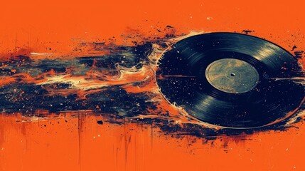 image graphique stylisée représentant un disque en vinyle sur un fond orange. Le disque semble être en mouvement, avec un effet dynamique et flou derrière lui - obrazy, fototapety, plakaty