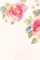 Two pink roses frame background border frame for romantic lovely passionate emotional decorative concept watercolor style
