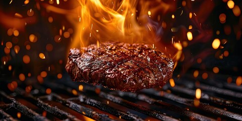 Juicy medium rare steak on the grill, fire, rosemary, wallpaper, background. - obrazy, fototapety, plakaty