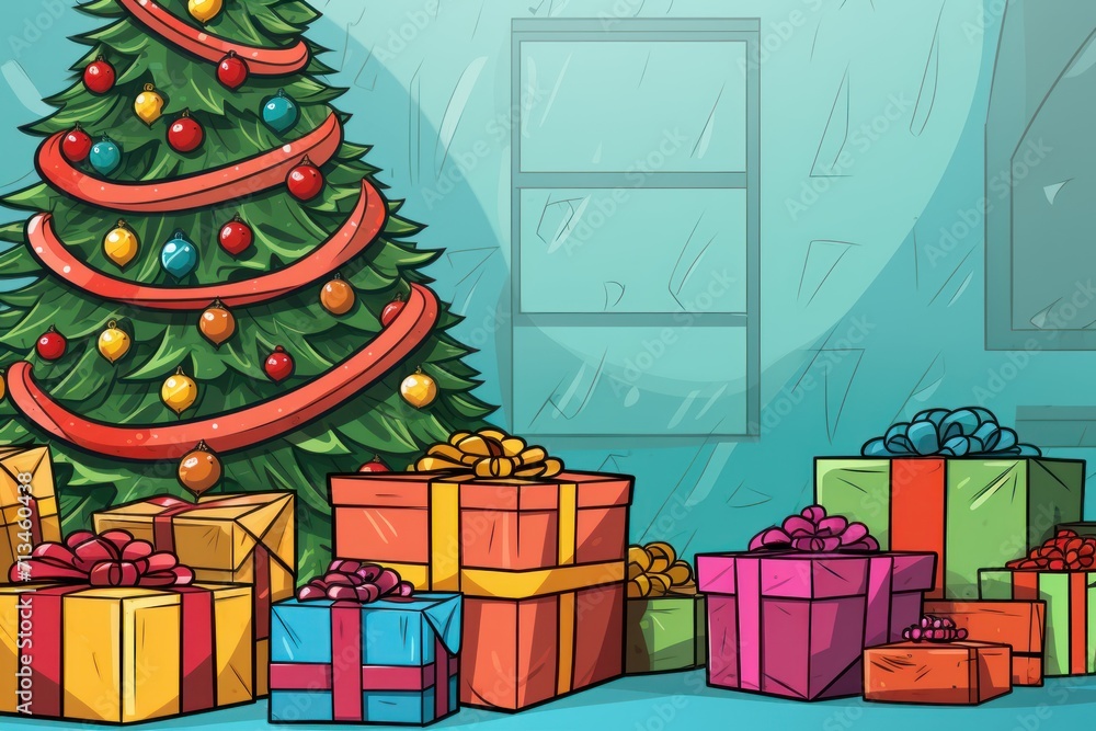 Poster  a christmas tree surrounded by presents in front of a window with a window sill and a christmas tree in the background.