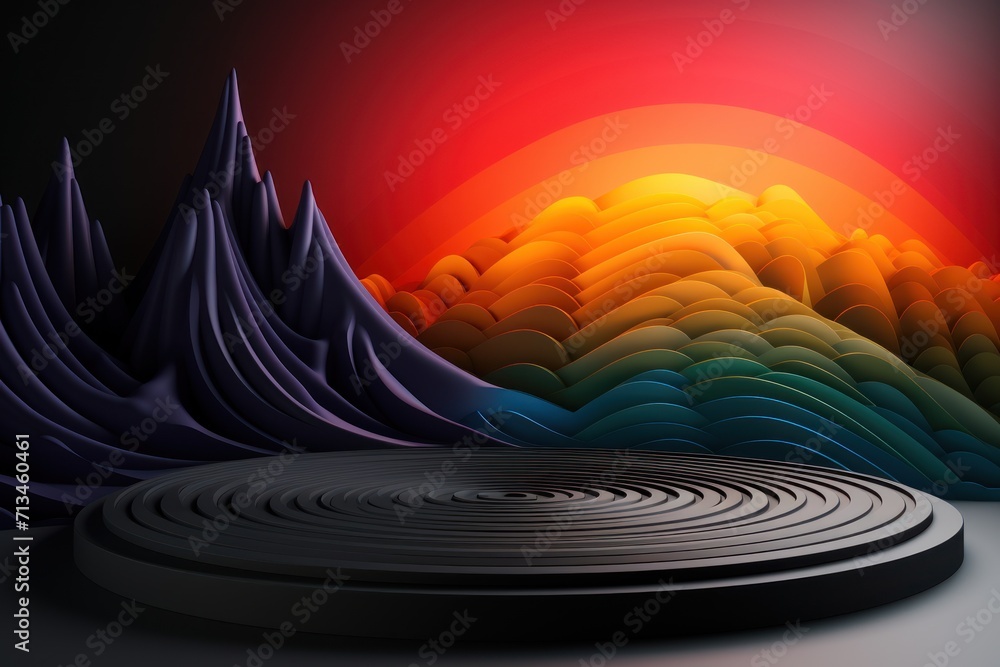 Aufkleber a digital painting of a mountain range with a circular object in the foreground and a rainbow - colo