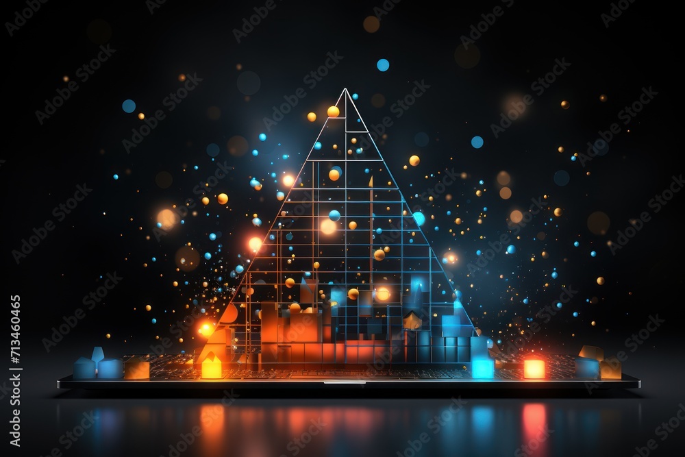 Poster a computer screen with a picture of a building in the middle of it and a lot of lights coming out of