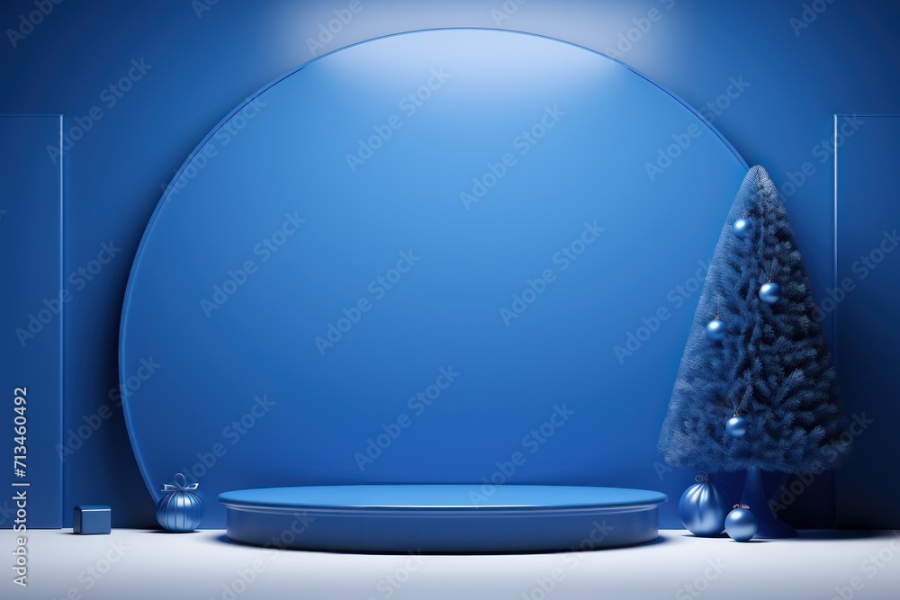 Poster a blue room with a christmas tree in the corner and a round object on the floor in front of it.