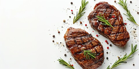 Two soft juicy  steaks of medium rare with spices, rosemary, garlic on a white background, wallpaper, background, template. - obrazy, fototapety, plakaty