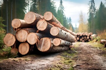 pile of pine tree trunks. Logging industry