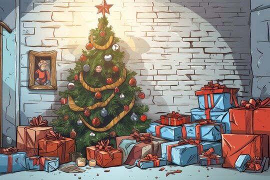  a christmas tree surrounded by presents in front of a brick wall with a picture of a monkey on the wall.