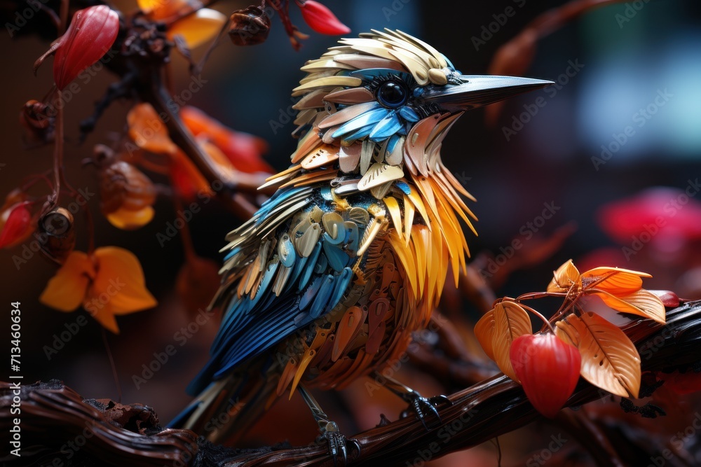 Poster a colorful bird sitting on top of a tree branch next to a branch filled with red and yellow leaves a