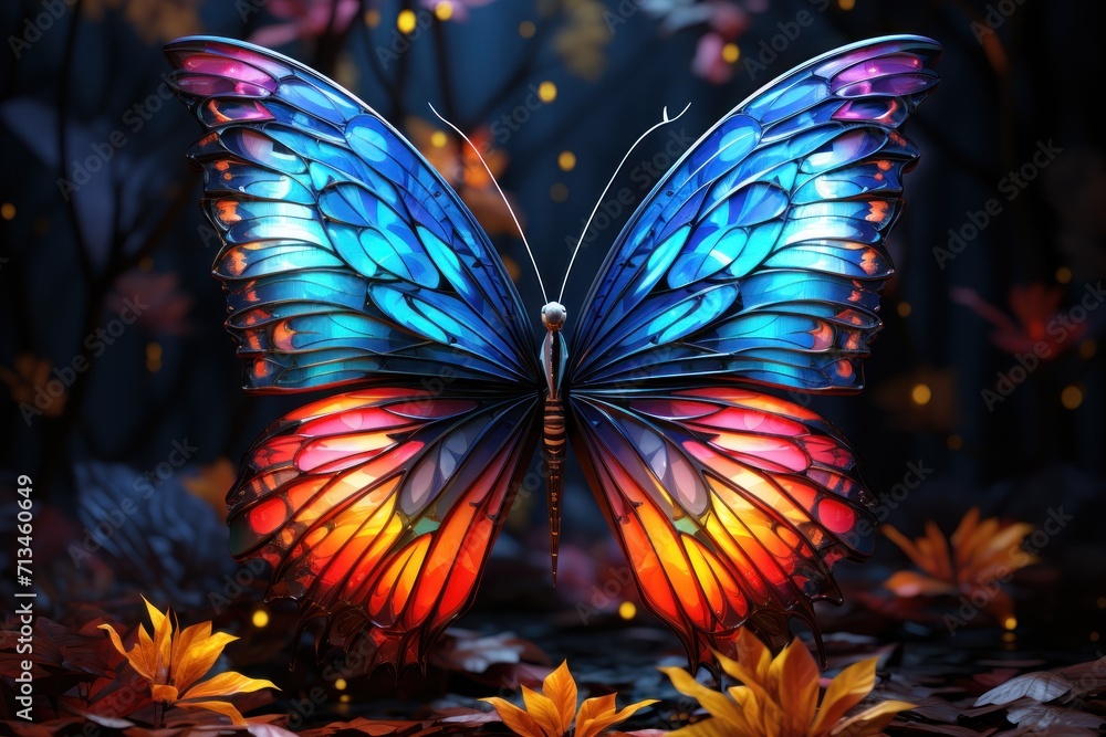 Poster a close up of a butterfly on a bed of leaves with a background of trees and flowers in the foregroun