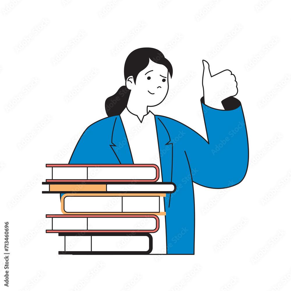 Poster school learning concept with cartoon people in flat design for web. student with textbooks doing hom