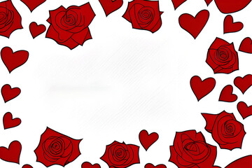romantic floral red roses and hearts for lovely valentines day in passionate emotional attractive charm concept border frame pop art style