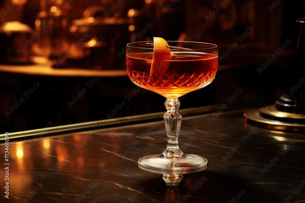 Poster  a close up of a wine glass with a drink in it on a table with a bar in the background.